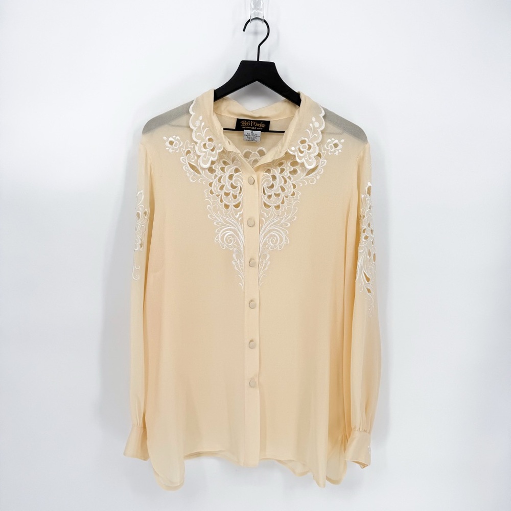 Vintage Bob Mackie Wearable Art Silk Embroidered Cutwork Blouse XL